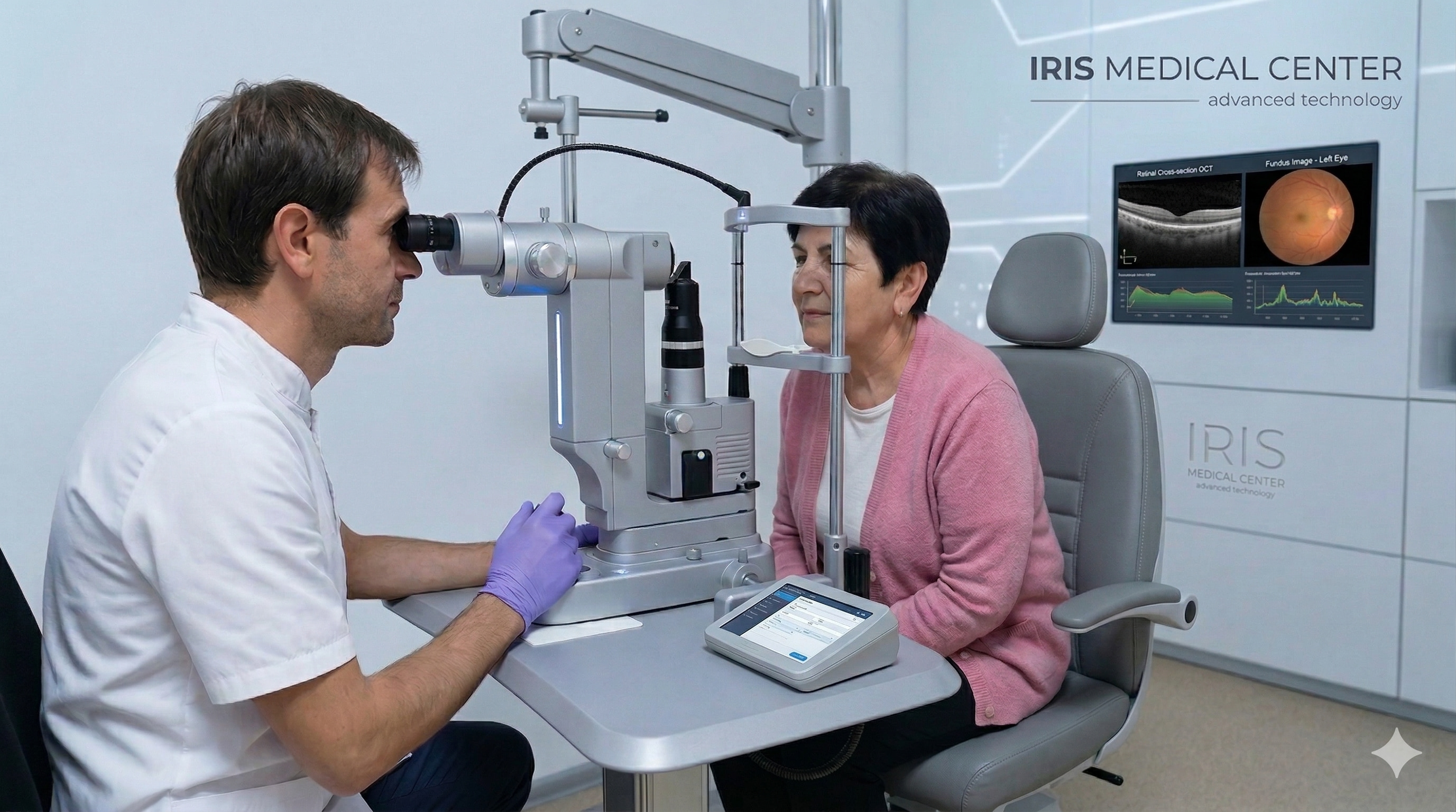 Specialist ophthalmologist performing a precision eye diagnostic examination using advanced medical equipment