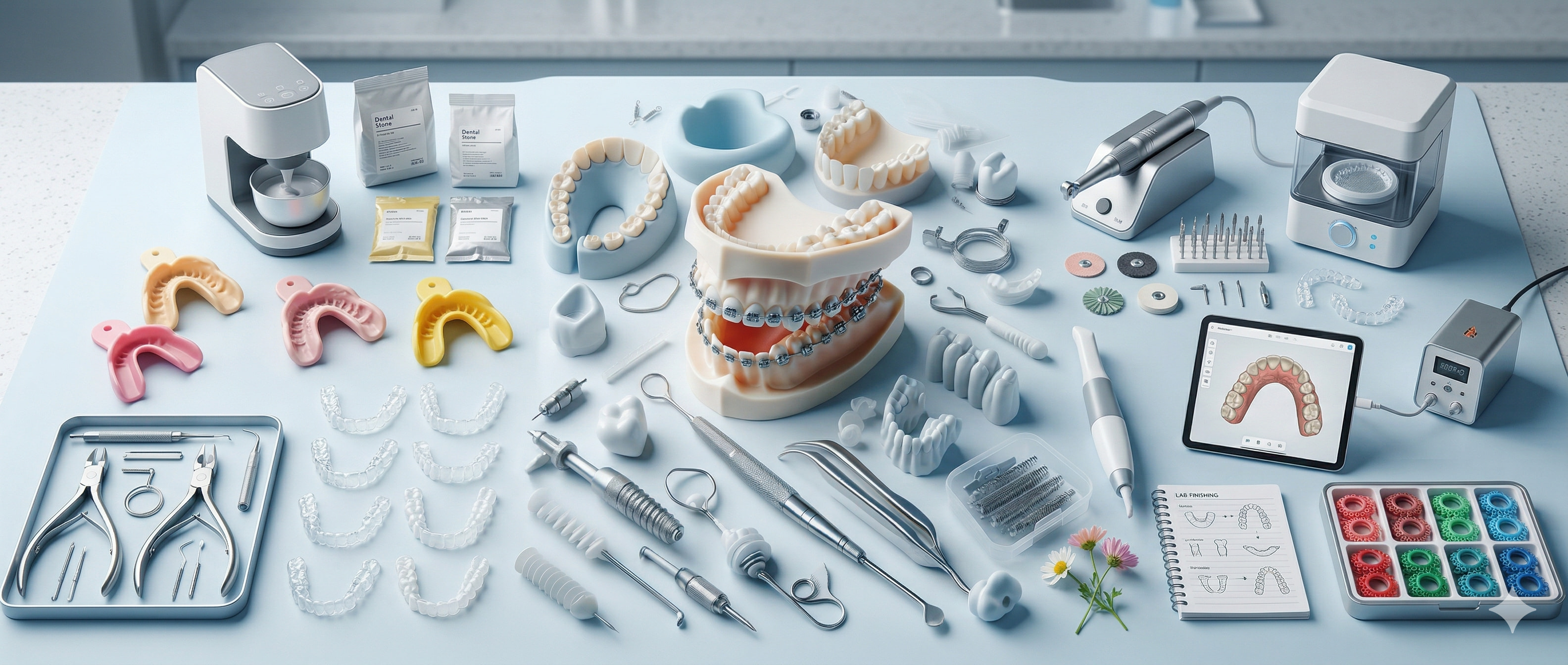 Close-up of modern ceramic and metal orthodontic braces for teeth straightening